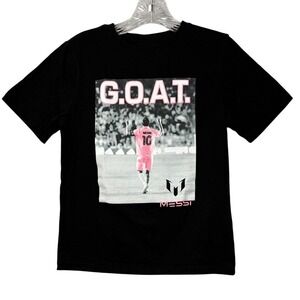 Kids Messi GOAT T Shirt Black Graphic Soccer Football Tee, Size Large (10/12)